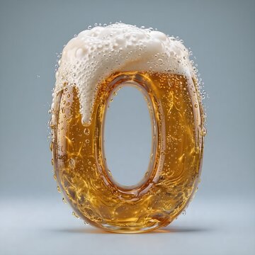 Golden number zero font made of lager beer with frothy foam and sparkling bubbles and condensation droplets isolated on a minimalist gray background