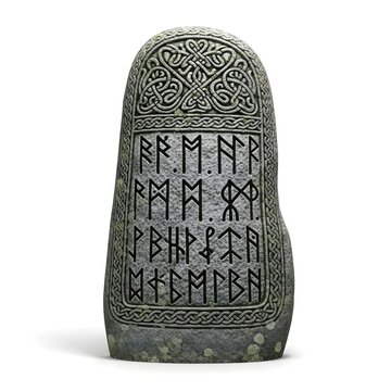 Norse rune stone 3D render with ancient viking alphabet carvings on weathered granite