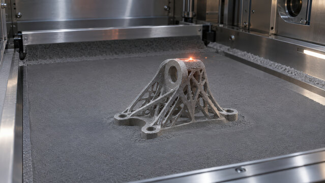 Industrial laser printer creating metal support bracket with additive manufacturing technology in powder bed
