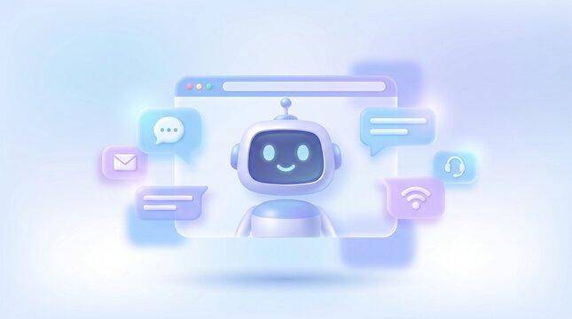 Transparent chatbot interface with glowing icons for communication and connectivity, modern AI concept with pastel background and frosted glass effect.