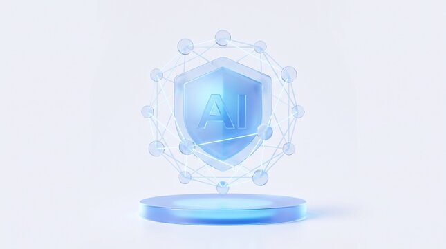 AI artificial intelligence shield emblem protected by a molecular network on a clean podium, signifying AI security and data protection in technology.