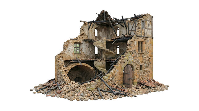 Ruined medieval stone house with collapsed roof and wooden beams isolated on transparent background