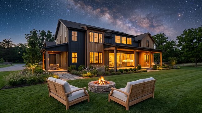 Modern farmhouse exterior with glowing fire pit under a stunning starry night sky.