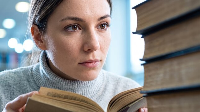 A young woman immersed in a vast collection of knowledge in a library