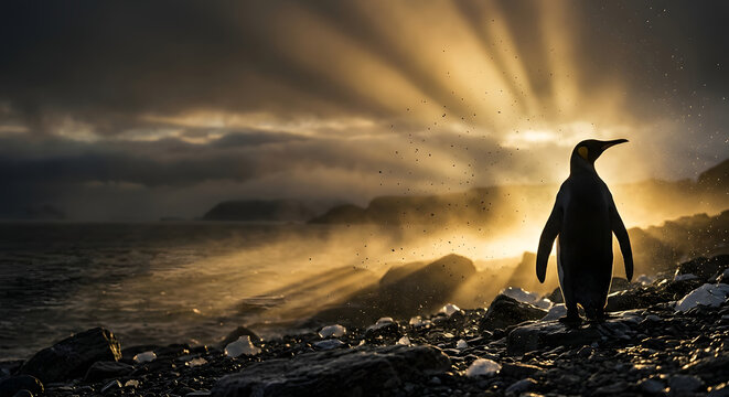King penguin silhouette standing on a stony Antarctic beach at sunset with glorious golden sunbeams and mist radiating across a dramatic dark ocean sky.