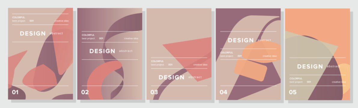 Abstract design posters presenting a collection of five modern art layouts with flowing geometric shapes and a soft, muted pastel color scheme, perfect for creative projects