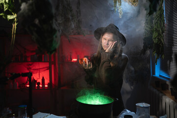 realistic witch brewing a potion in cauldron suffering toothache holding cheek. Blend of everyday life with traditional witchcraft, magic and mystical atmosphere © Andrii Lysenko