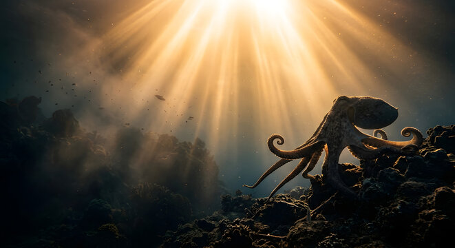 Majestic octopus perched on a dark coral reef underwater under brilliant golden shafts of sunlight filtering down through the deep ocean water surface.