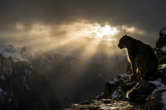 Elusive snow leopard sitting calmly on a rocky snow covered cliff overlooking high mountain peaks bathed in golden sunlight rays breaking through dark clouds.