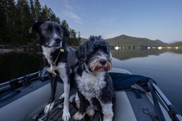 Two dogs in an inflatable boat © Lynda Potter