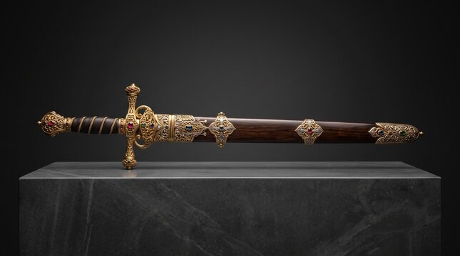 Ornate ceremonial sword with gold and jewels on a stone display pedestal