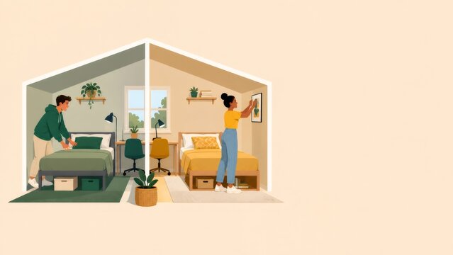 Students moving into shared university dorm room, young man making bed, woman decorating room, preparing for college life