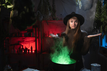 Doubtful realistic witch brewing a potion in cauldron showing dont know raised arms gesture. Blend of everyday life with traditional witchcraft, magic and mystical atmosphere © Andrii Lysenko