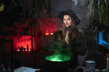 happy realistic witch brewing a potion in cauldron with praying hands gesture asking help me please. Blend of everyday life with traditional witchcraft, magic and mystical atmosphere © Andrii Lysenko