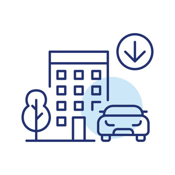City building, tree and car. Carbon emission reduction, sustainable living and transportation. Pixel perfect, editable stroke vector icon