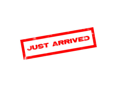 A bold red rectangular rubber stamp featuring the text just arrived in black letters isolated on a solid black background, for retail use isolated on a transparent background