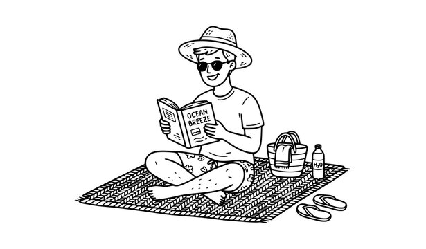 Happy Man Reading Book on Beach Mat Summer Vacation Doodle Vector
