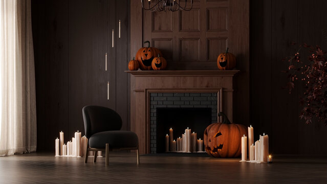 Dark Halloween Interior with Jack O Lantern Pumpkins, Fireplace and Glowing Candles, 3d rendering