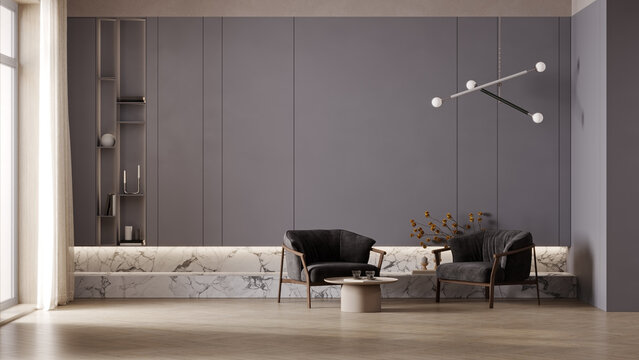 Modern Minimalist Living Room Interior with Gray Wall, Armchairs and Large Copy Space, 3d rendering