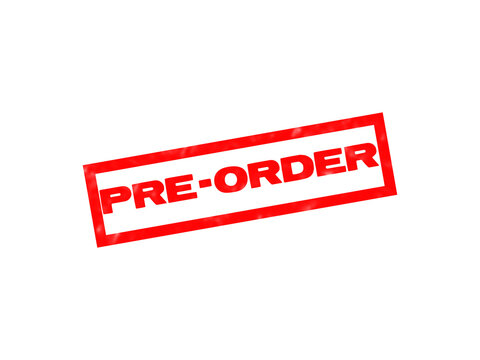 A bold red rectangular rubber stamp featuring the text pre-order in black letters isolated on a solid black background, for retail commerce isolated on a transparent background