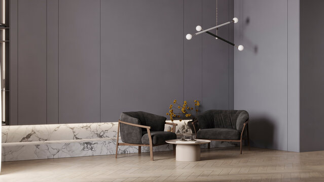 Minimalist Gray Living Room Interior with Modern Armchairs, Marble and Wood Flooring, 3d rendering