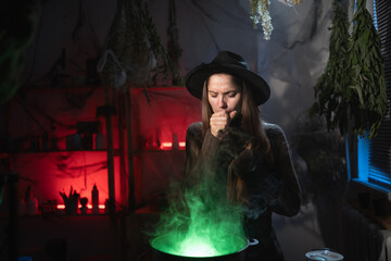 Sick witch brewing a potion in cauldron suffering flu virus and hard cough. Blend of everyday life with traditional witchcraft, magic and mystical atmosphere © Andrii Lysenko