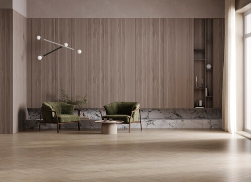 Minimalist Living Room Interior with Wood Paneling, Green Armchairs and Marble Details, 3d rendering