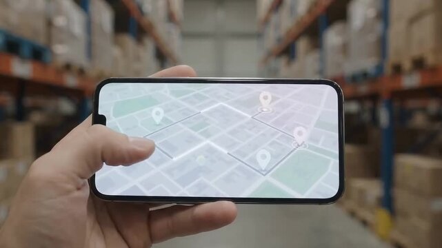 Hand Swiping Delivery Tracking Map on Phone in Warehouse