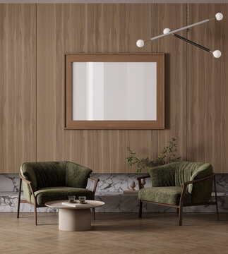 Horizontal Poster Frame Mockup in Minimalist Wood Living Room Interior with Green Armchairs, 3d rendering