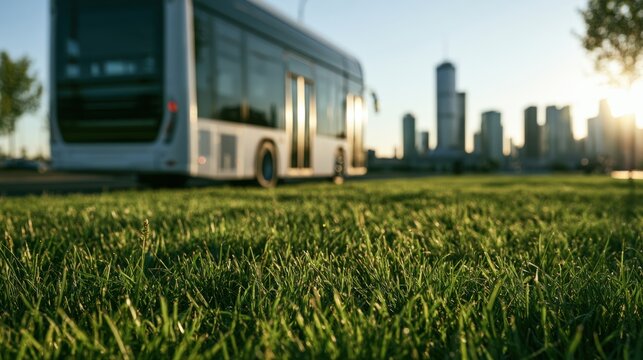 A green city paired with an electric bus symbolizes clean public transit, lower urban emissions, energy efficient mobility, and environmentally responsible development.
