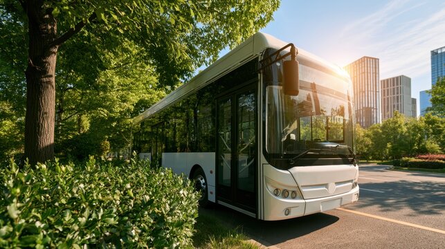 An electric bus beside a green city represents sustainable public transportation, urban decarbonization, cleaner mobility, energy efficiency, and greener cities.
