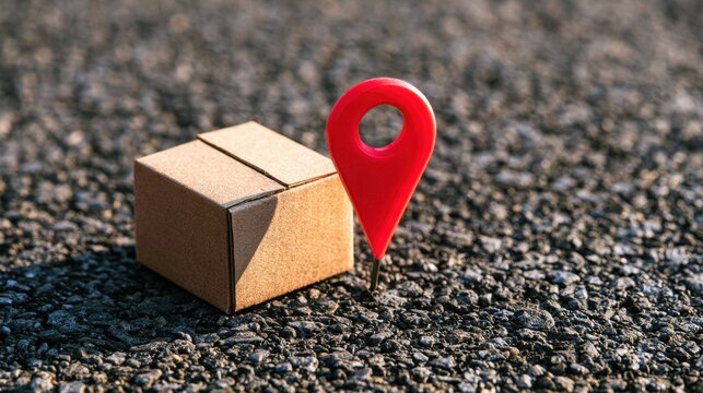 A delivery box beside a location pin represents last mile delivery, ecommerce logistics, shipment tracking, customer convenience, and efficient distribution services.
