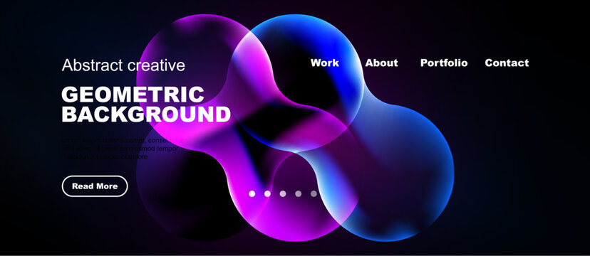 Abstract geometric background features vibrant purple, blue shapes. Website header includes navigation options, text, button. Dark backdrop dominates image.