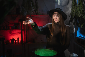 Emotional Realistic witch brewing a potion in cauldron speaking with someone. Blend of everyday life with traditional witchcraft, magic and mystical atmosphere © Andrii Lysenko