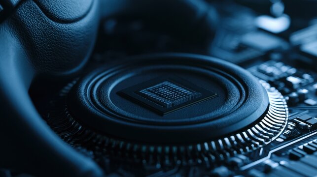 A steering wheel beside a computer chip represents autonomous driving, intelligent vehicles, automotive innovation, artificial intelligence, and future mobility.
