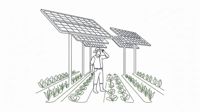 Farmer Tending to Organic Vegetable Garden Under Solar Panels in a Sustainable Farming Scene