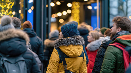 Obraz premium Diverse People Wearing Winter Clothing Walking in Crowded Urban Street at Night