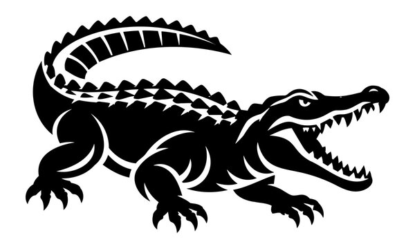Crocodile icon in black silhouette, wild reptile animal symbol, isolated vector illustration