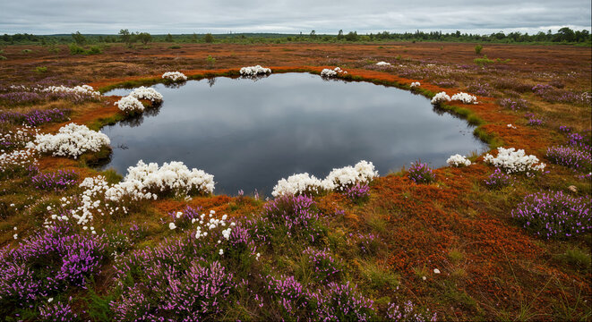 Bog pool surrounded by cotton grass and heather in autumn