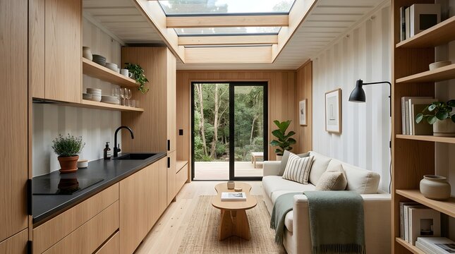 Minimalist open-plan living space with kitchen and living room, featuring a skylight and natural light, overlooking a serene forest view