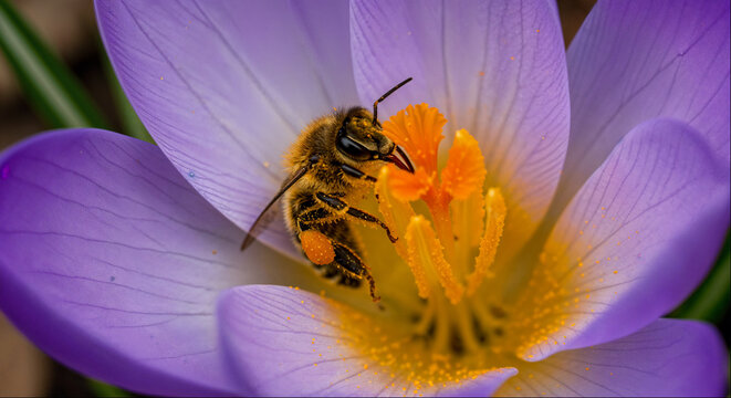 Honeybee covered in pollen inside purple crocus flower macro