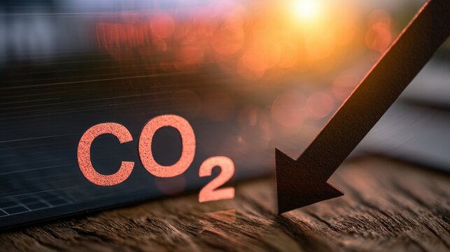 A downward arrow beside a carbon dioxide symbol reflects declining emissions, climate mitigation, decarbonization, carbon reduction, and net zero progress.
