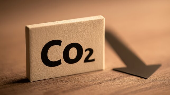 A carbon dioxide symbol positioned beside a downward arrow symbolizes emissions reduction, climate responsibility, carbon control, and low carbon transition.
