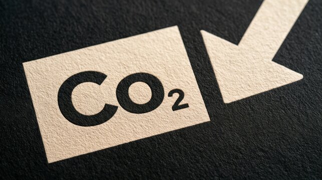 A carbon dioxide symbol beside a downward arrow represents carbon reduction, emissions control, climate mitigation, decarbonization, and net zero progress.
