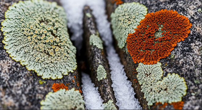 Colorful lichen and frost on granite rock close up