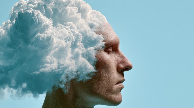 A human head paired with a dark storm cloud conveys mental tension, emotional difficulty, psychological stress, negative thinking, and wellbeing challenges.
