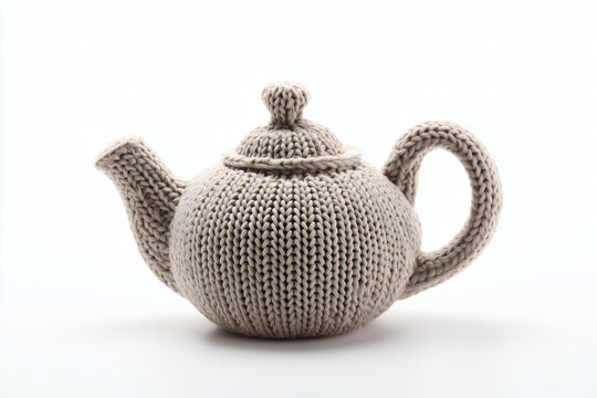 Knitted Wool Teapot Sculpture in Beige, Cozy Handmade Craft Concept