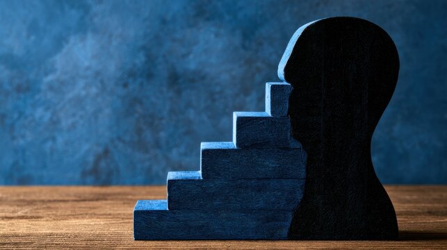 A human silhouette near ascending stairs represents personal transformation, professional advancement, psychological growth, continuous improvement, and future progress.
