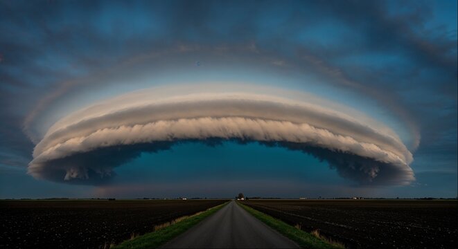 Supercell storm cloud over empty road and farmland