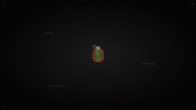 Cartoon grenade animation with circular hud elements on black background